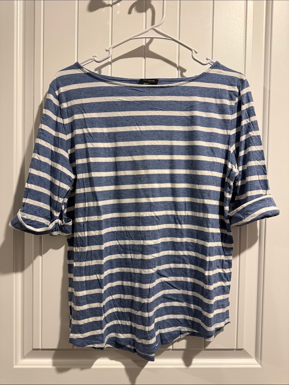 Ann Taylor Blue and White Striped Boatneck Top